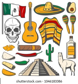 Cinco de Mayo fiesta celebration icons of tequila, jalapeno pepper or cactus and sombrero. Vector traditional Cinco de Mayo Mexican holiday burrito and skull or lama poncho for Mexico 5 May festival