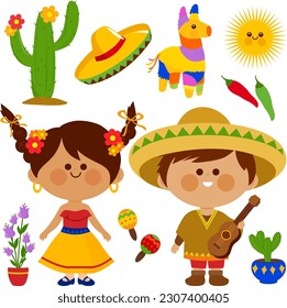 Cinco de Mayo fiesta collection with Mexican children. Vector illustration