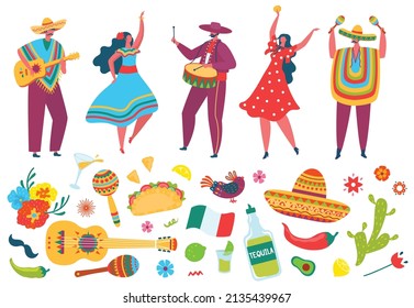 Cinco de mayo fiesta elements, mexican people in traditional clothes. Mexico festival celebration, mariachi band, sombrero, guitar vector set. Men and women with musical instruments