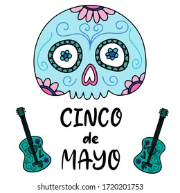 Cinco de Mayo Fiesta festival vector illustration. May 5, holiday in Mexico. Banner, party poster design with lettering, sugar skull and mexican guitar. Hand drawn phrase.
