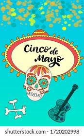 Cinco de Mayo Fiesta festival vector illustration. May 5, holiday in Mexico. Banner, party poster design with lettering, sugar skull, sombrero and mexican guitar. Hand drawn phrase.