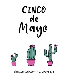Cinco de Mayo Fiesta festival vector illustration. May 5, holiday in Mexico. Banner, party poster design with lettering, cactus. Hand drawn phrase.