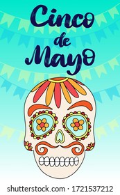 Cinco de Mayo Fiesta festival vector illustration. May 5, holiday in Mexico. Banner, party poster design with lettering, sugar skull. Hand drawn phrase.