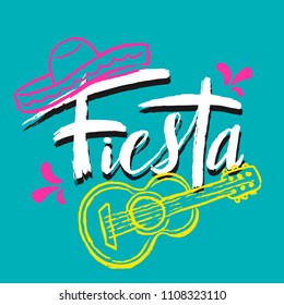 Cinco de Mayo Fiesta hand drawn lettering with decoration elements (guitar, sombrero hat) in grunge style. Mexican holiday, Fiesta party, carnival. For poster, banner, logo, icon,greeting card