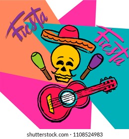 Cinco de Mayo Fiesta hand drawn lettering with decoration elements (gutar, sombrero hat) in grunge style. Mexican holiday, Fiesta party, carnival. For poster, banner, logo, icon,greeting card