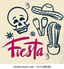 Cinco de Mayo Fiesta hand drawn lettering with decoration elements (gutar, sombrero hat) in grunge style. Mexican holiday, Fiesta party, carnival. For poster, banner, logo, icon,greeting card