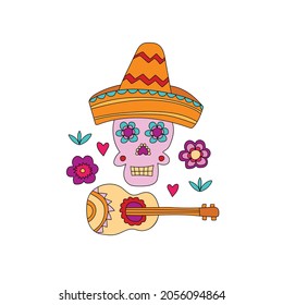 Cinco de Mayo Fiesta hand drawn skull with decoration elements. Mexican holiday, Fiesta party. For poster, banner, greeting card