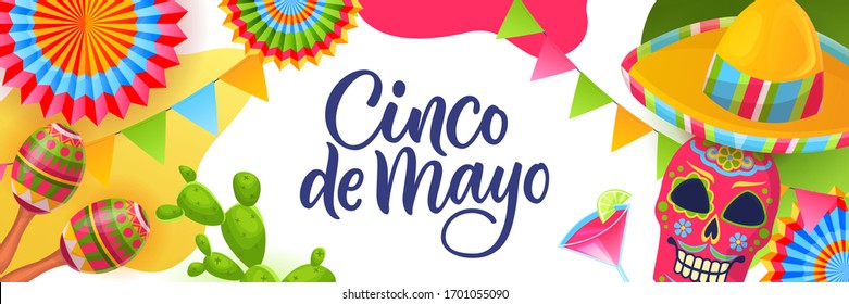 Cinco de Mayo fiesta, horizontal banner or poster design template. Greeting gift card with calligraphy lettering and Mexican national symbols on white background. Vector flat cartoon illustration.