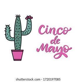 Cinco de Mayo Fiesta Mexican festival vector illustration. May 5, holiday in Mexico. Banner, party poster design with lettering, cactus. Hand drawn phrase.