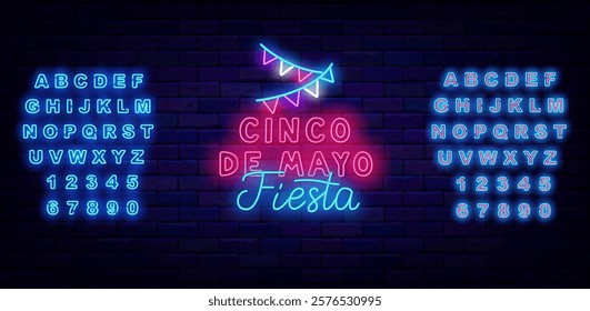 Cinco de Mayo fiesta neon signboard. Bright lettering. Mexican traditional holiday in May. Vector stock illustration