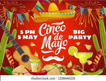 Cinco de Mayo fiesta party food and drink vector design of Mexican holiday invitation. Sombrero, guitar and cactus, tequila margarita, chilli and lime, mariachi mustache, tacos, nachos and bunting