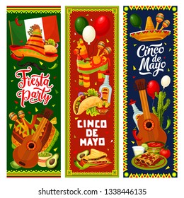 Cinco de Mayo fiesta party vector invitation banners of Mexican holiday design. Sombrero, guitar and maracas, cactus, pinata and tequila, chilli tacos, margarita and nachos, avocado, lime and balloons