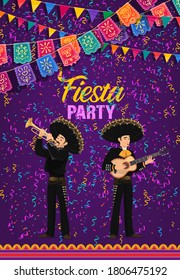 Cinco de Mayo fiesta Party Vektor Poster. Mariachi Band mexicischer Musiker in sombrero und nationalen Kostümen spielen Gitarre und Trompete mit Flaggengärten und Konfetti. Fiesta-Veranstaltungskarte