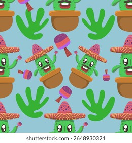 Cinco de Mayo fiesta padrão sem costura com um design de cacto bonito, perfeito para celebrações festivas e decorações de festa. Festivo, vibrante, colorido, inspirado mexicano.