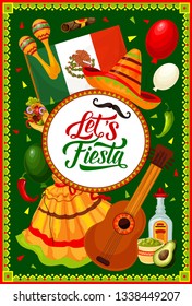 Cinco de Mayo fiesta sombrero, maracas and guitar vector greeting card of Mexican holiday party. Mariachi hat, dress and Mexico flag, chilli peppers and cigar, avocado guacamole and balloons