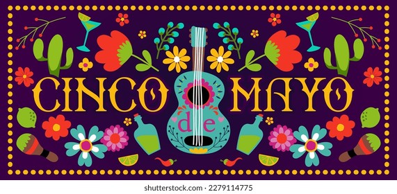 Cinco de Mayo, 5 de mayo en México - Festividad cita sobre fondo morado con hermosos símbolos mexicanos.  Bueno para camisetas, tazas, decoración de casa, regalo, imprenta. Cita de vacaciones. 