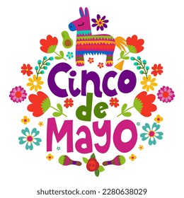 Cinco de Mayo, 5. Mai in Mexiko - Feiertag Zitat auf weißem Hintergrund mit schönen mexikanischen Symbolen.  Gut für T-Shirt, Maulkorb, Hausdekoration, Geschenk, Druckmaschine. Urlaubsangebot. 