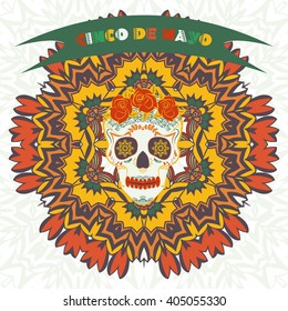 Cinco de Mayo (fifth of May Day). Vector illustration with ethnic ornament pattern and skull girl. Card template for greetings, invitations or posters with ethnic mandala pattern. 