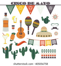 Cinco de Mayo (fifth of May). Vector illustration with traditional Mexican symbols, national elements - guitar, maracas, sombrero, tequila, taco, music instruments, paper banners Travel to Mexico icon