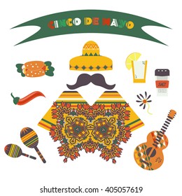 Cinco de Mayo (fifth of May Day). Vector illustration with traditional Mexican symbols, national elements - guitar, maracas, sombrero, poncho, tequila, taco, paper banners. Travel to Mexico icons set.