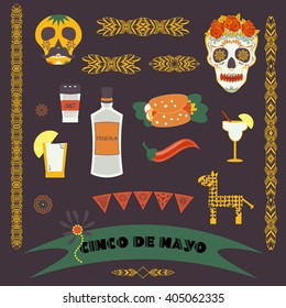 Cinco de Mayo (fifth of May). Vector illustration with traditional Mexican symbols, national elements - tequila, taco, skull, borders, banner. Travel to Mexico icons for cards and web pages. Isolated.