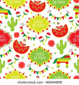 Cinco de Mayo (Fifth of May) seamless pattern with dancing woman, garland, cactus, flower, label, pinata and maracas on white background. Perfect for wallpaper, pattern fills, Mexican greeting cards. 