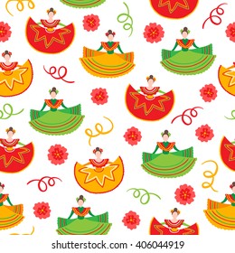 Cinco de Mayo (Fifth of May) seamless pattern with serpentine, flowers and dancing woman on white background. Perfect for wallpaper, gift paper, web page background, Mexican greeting cards. 
