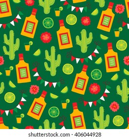 Cinco de Mayo (Fifth of May) seamless pattern with tequila, cactus, garland, flower, lime and shot on green background. Perfect for wallpaper, gift paper, pattern fills, Mexican greeting cards. 