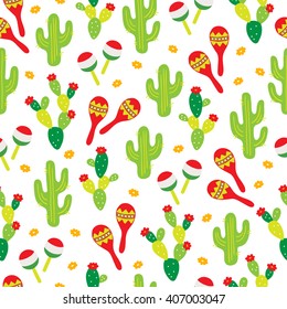 Cinco de Mayo (Fifth of May) seamless pattern with cactus, maracas and flowers on white background. Perfect for wallpaper, gift paper, pattern fills, Mexican greeting cards. Vector illustration