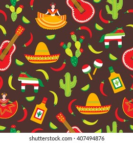 Cinco de Mayo (Fifth of May) seamless pattern with cactus, maracas, guitar, chili pepper, lime, sombrero and dancing woman. Perfect for wallpaper, gift paper, pattern fills, Mexican greeting cards. 