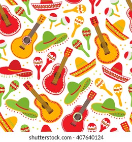 Cinco de Mayo (Fifth of May) seamless pattern with guitar, sombrero and maracas. Perfect for wallpaper, gift paper, pattern fills, Mexican greeting cards. Vector illustration