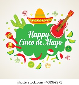 Cinco de Mayo (Fifth of May) greeting card with guitar, cactus, sombrero, maracas, chili pepper and lime. Perfect for Mexican greetings. Vector illustration