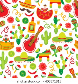 Cinco de Mayo (Fifth of May) seamless pattern with dancing woman, tequila bottle, cactus, flower, serpentine, sombrero, guitar, lime, chili pepper. Perfect for wallpaper, Mexican greeting cards. 