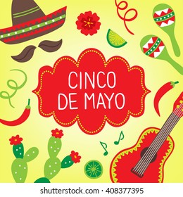 Cinco de Mayo (Fifth of May) greeting card with maracas, sombrero, cactus, guitar, chili pepper, lime, flower and notes. Perfect for Mexican greetings. Vector illustration