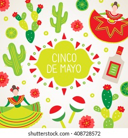 Cinco de Mayo (Fifth of May) greeting card with dancing woman, cactus, tequila bottle, maracas, lime and flowers. Perfect for Mexican greetings. Vector illustration