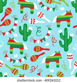 Cinco de Mayo (Fifth of May) seamless pattern with garland, maracas, horse, serpentine and flowers. Perfect for wallpaper, gift paper, pattern fills, Mexican greeting cards. Vector illustration
