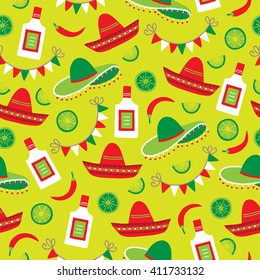 Cinco de Mayo (Fifth of May) seamless pattern with garland, sombrero, lime, chili pepper and tequila. Perfect for wallpaper, gift paper, pattern fills, Mexican greeting cards. Vector illustration