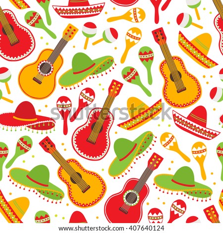 Cinco de Mayo (Fifth of May) seamless pattern with guitar, sombrero and maracas. Perfect for wallpaper, gift paper, pattern fills, Mexican greeting cards. Vector illustration