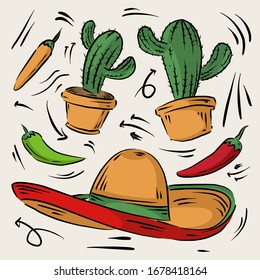 cinco de mayo flat design icon set. doddle vector illustration