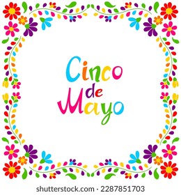 Cinco de Mayo floral embroidery. Mexican traditional ornament of flowers and leaves.