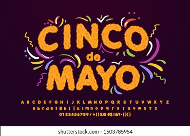 Cinco de Mayo fluffy font, bright sign, light banner. Mexico logo, emblem and label. Edit text and numbers. Vector illustration