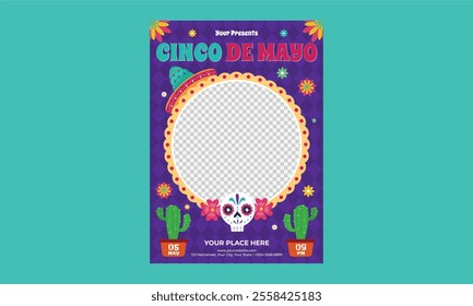 Cinco De Mayo Flyer. Mexico 5 May holiday festival or party event poster with sombrero, tequila, avocado and papel picado flags