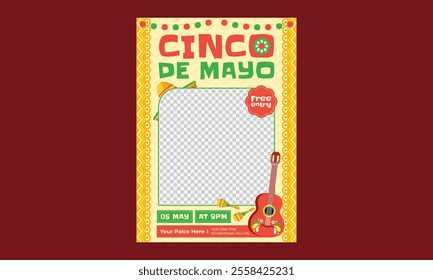 Cinco De Mayo Flyer. Mexico 5 May holiday festival or party event poster with sombrero, tequila, avocado and papel picado flags