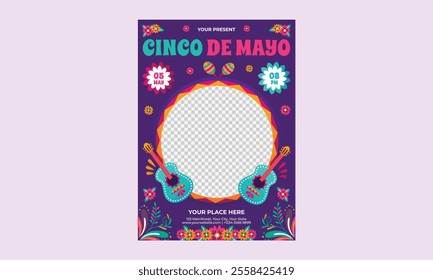 Cinco De Mayo Flyer. Mexico 5 May holiday festival or party event poster with sombrero, tequila, avocado and papel picado flags