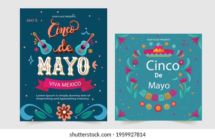 Cinco de Mayo flyer template set. Fiesta banner and poster design with flags, flowers, decorations.  May 5.