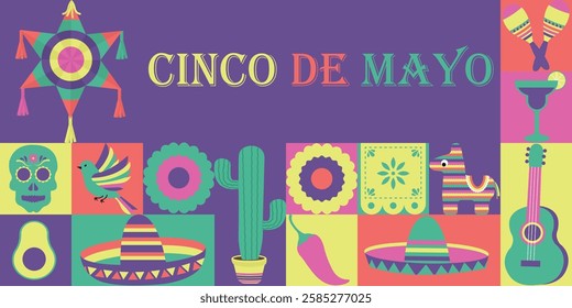 Cinco de mayo flyers, banners. Cinco de mayo items in simple geometric shapes, geometry minimalistic style for card, invitation, poster, flyer, web design