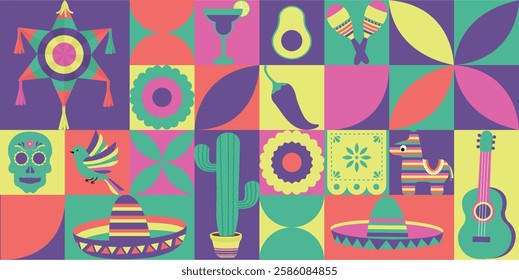 Cinco de mayo flyers, banners. Cinco de mayo items in simple geometric shapes, geometry minimalistic style for card, invitation, poster, flyer, web design	