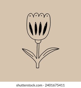 Cinco De Mayo Folk Tulip Flower. Minimal Hand Drawn Line Graphic. Modern Stylized Vector Illustration