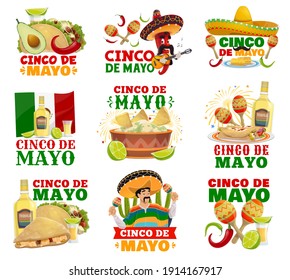 Cinco de Mayo food, sombrero, maracas vector icons of Mexican holiday fiesta. Chilli pepper and mariachi characters with Mexico flag, cactuses, tequila and tacos, burrito, guacamole and quesadillas