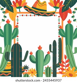 Cinco De Mayo Frame Background with Cowboy Hat Cactus Decoration and Copy Space